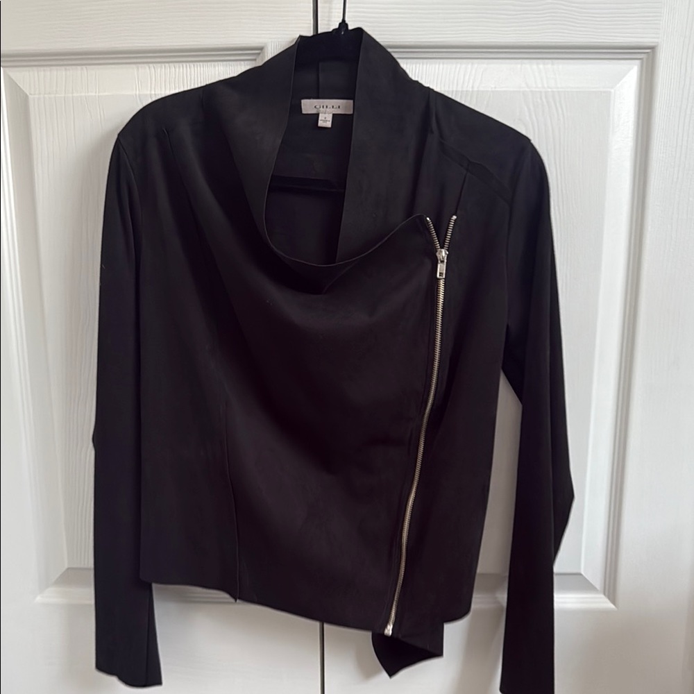 Gilli Black Leather Jacket Asymmetrical Waterfall Design